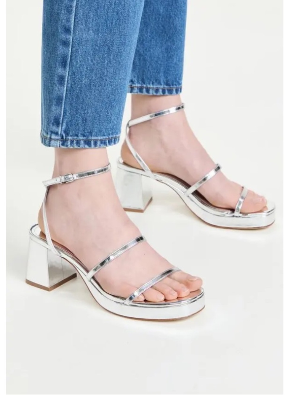 Larroude Gio Sandal Metallic Silver Specchio Block Heel Chunky Strappy Size 7.5